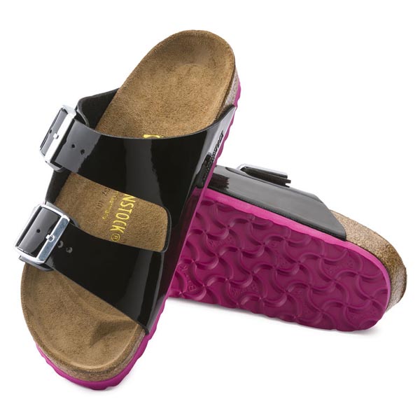 BIRKENSTOCK Arizona Black - pink sole Birko-Flor Patent Outlet Store